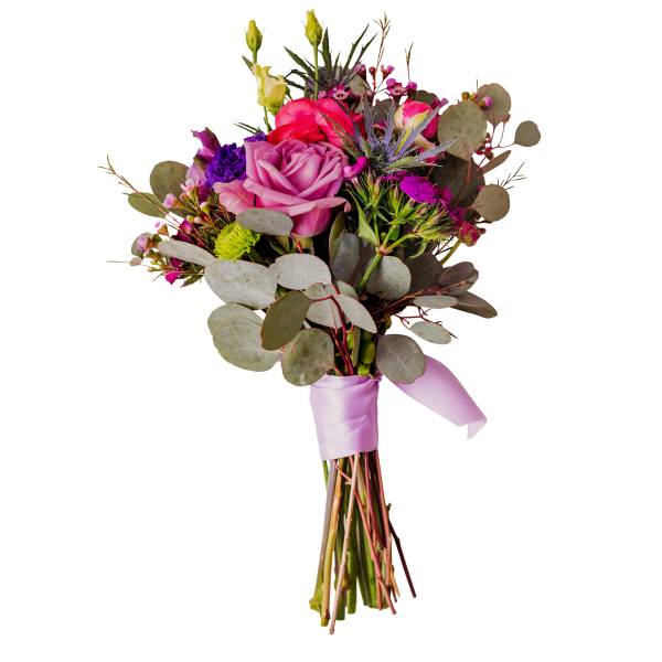 Hand-tied bouquet of pink and purple flowers with eucalyptus and a lavender ribbon