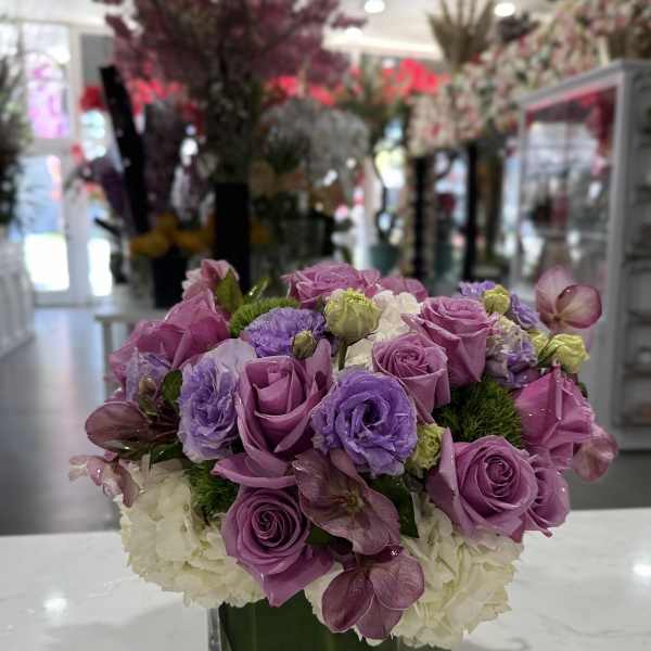Purple roses and hydrangeas arranged in a square glass vase