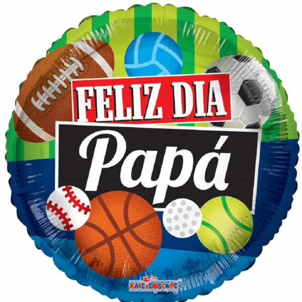 Round foil balloon with sports balls and "Feliz Dia Papá" text
