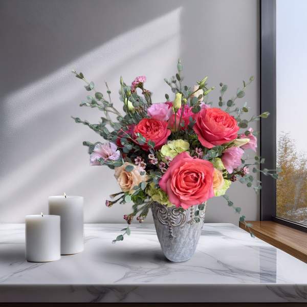 Pink and peach roses in a decorative vase with candles nearby