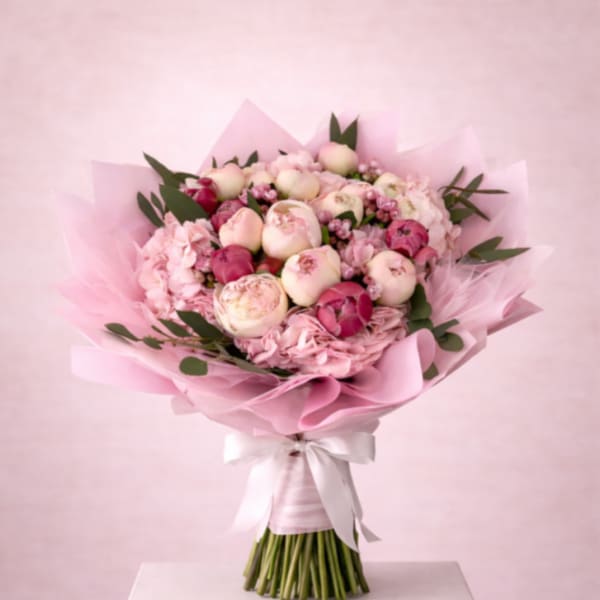 Pink bouquet of peonies and hydrangeas wrapped in pastel paper