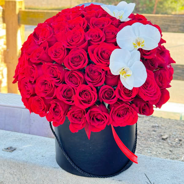 Red rose bouquet in a black hatbox with white orchids