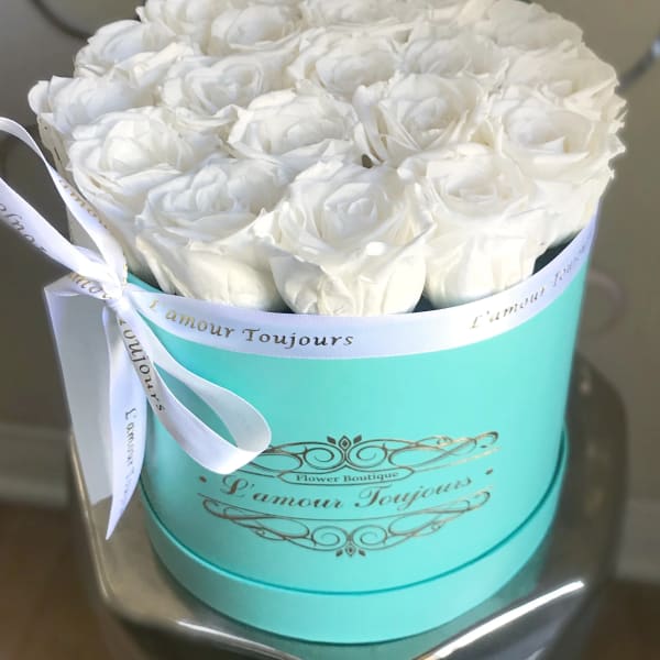 White roses arranged in a turquoise round box with a white ribbon