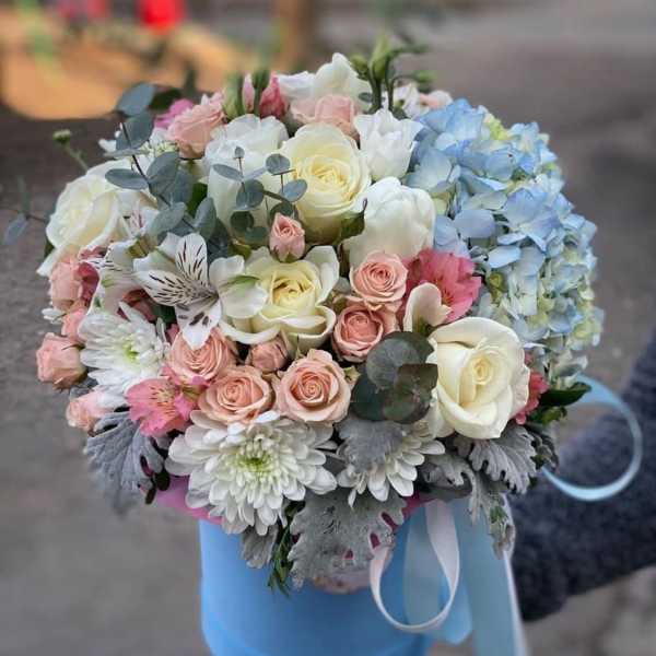 Pastel bouquet of roses, hydrangeas, and white blooms in a blue box