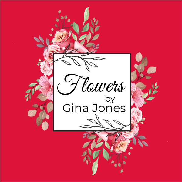 Floral logo reading Flowers by Gina Jones on a red background