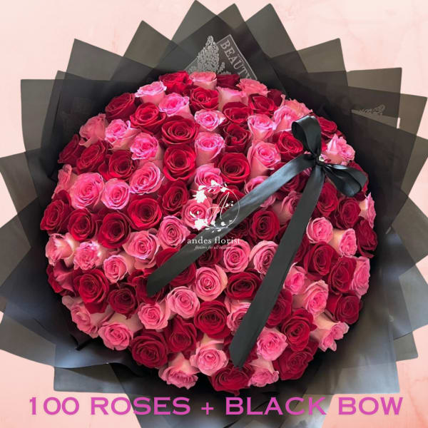 Large bouquet of pink and red roses wrapped in black paper with a black bow