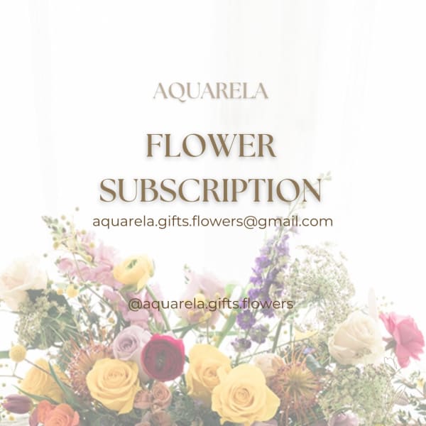 Promotional graphic for Aquarela flower subscription with pastel bouquets along the bottom