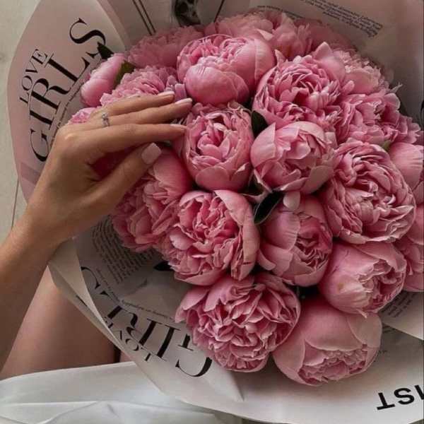 Pink peony bouquet wrapped in white paper