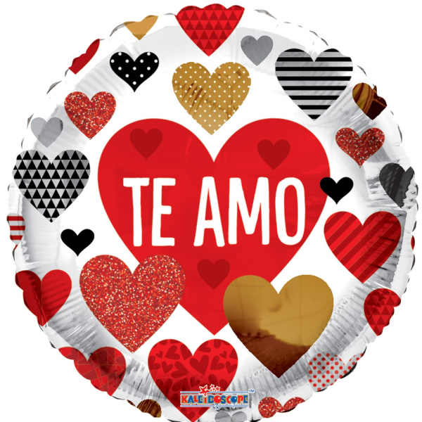 Round heart-shaped foil balloon with "TE AMO" text and red heart patterns
