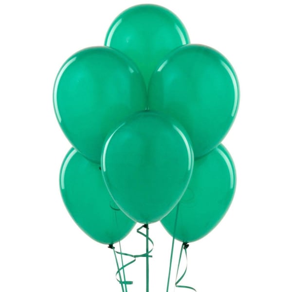 Cluster of green balloons with curling ribbons