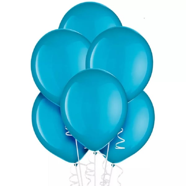 Cluster of bright blue balloons with white curling ribbons
