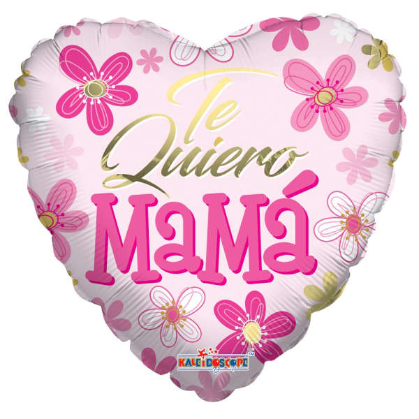 Pink heart-shaped balloon with floral graphics and "Te Quiero Mama" text