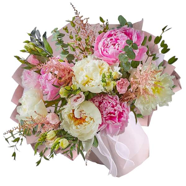 Pink and white peony bouquet with eucalyptus and pale wrapping