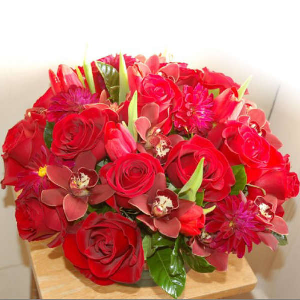 Red roses and pink orchids in a compact bouquet