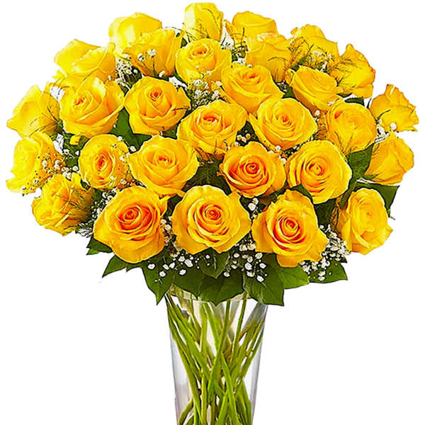 Bouquet of yellow roses in a clear glass vase