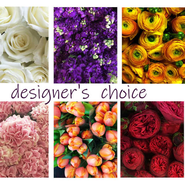 Collage of colorful flower close-ups with the words designer's choice.