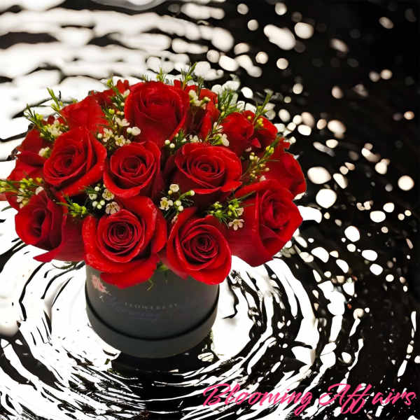 Red roses arranged in a black round box