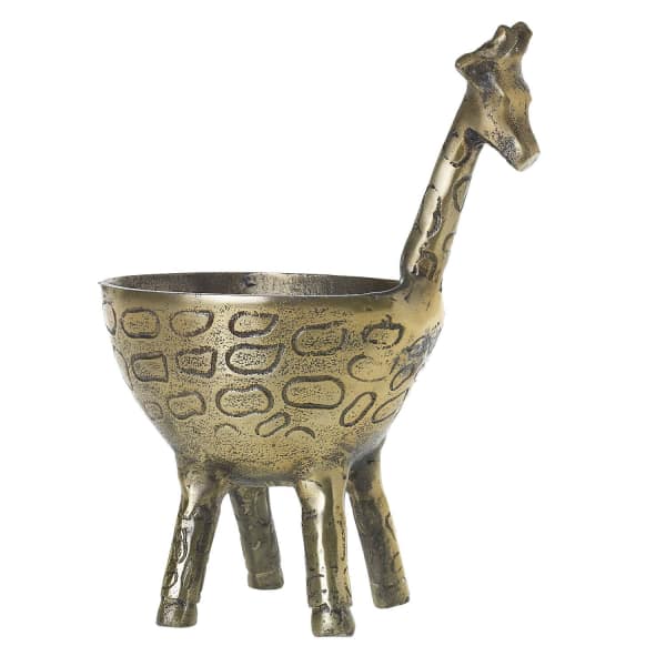 Metal giraffe-shaped planter with four legs and a long neck