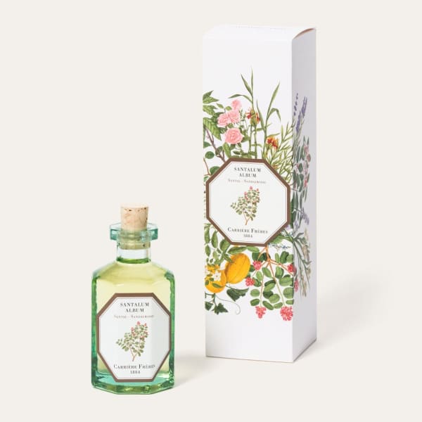 Perfume bottle beside a floral-patterned box