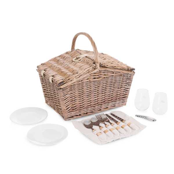 Wicker picnic basket with plates, glasses, and cutlery