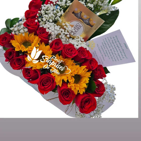Bouquet of red roses and sunflowers with baby’s breath and chocolates