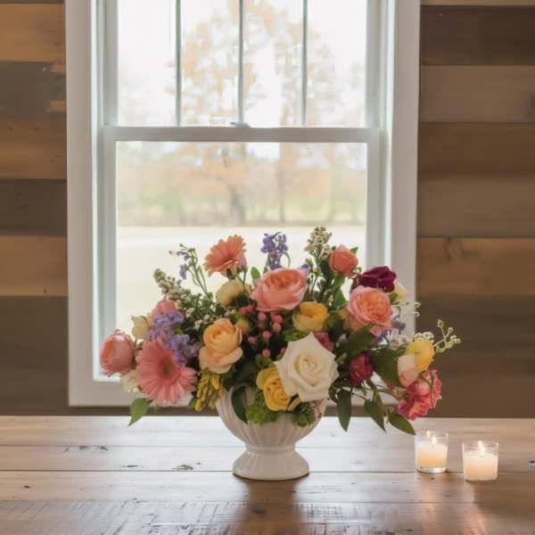 Mixed pastel flower arrangement in a white vase on a wooden table