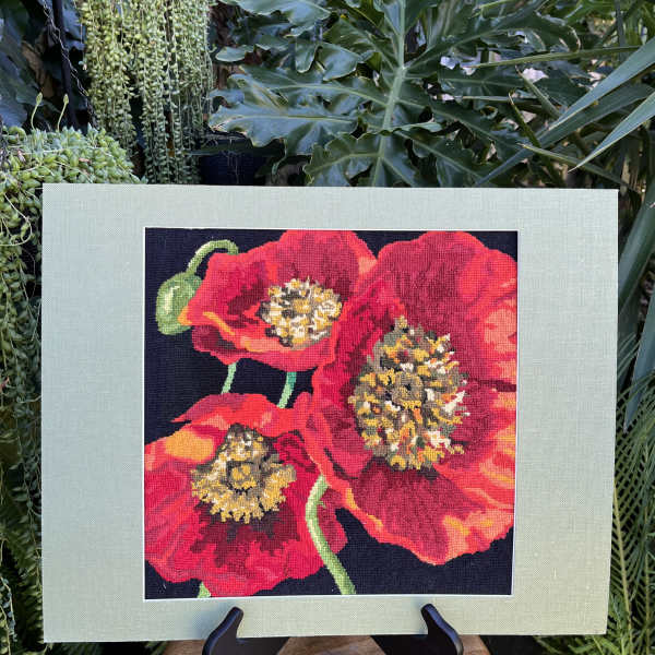 Framed artwork of three red poppies on a dark background