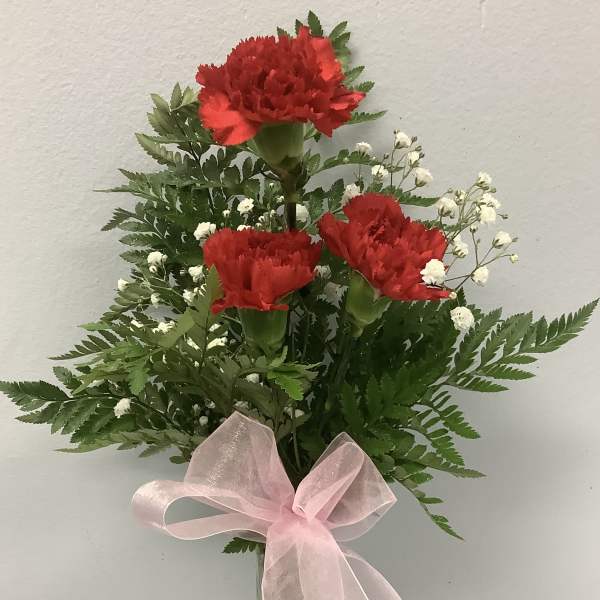 Red carnations in a glass vase with baby’s breath and a pink ribbon