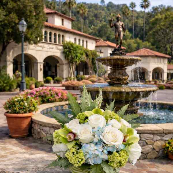 White rose bouquet with blue hydrangeas and green orchids in a striped ribbon wrap