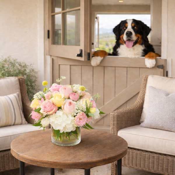 Pastel bouquet in a clear glass vase on a patio table