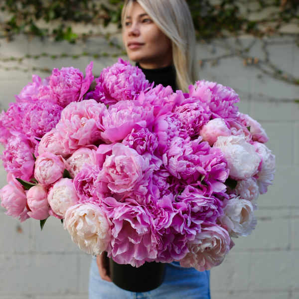 Large bouquet of pink and white peonies held by a woman