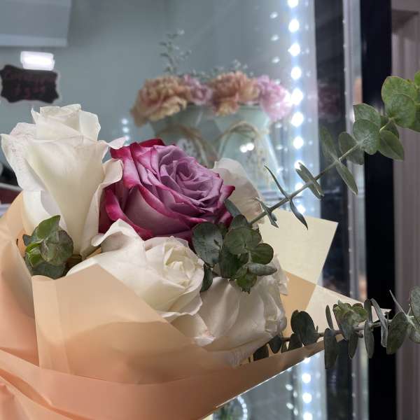 Roses, Eucalyptus wrapped in floral paper