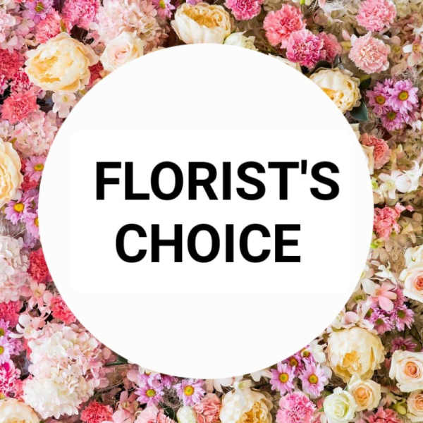 Florist's choice text over a pink and cream flower wall