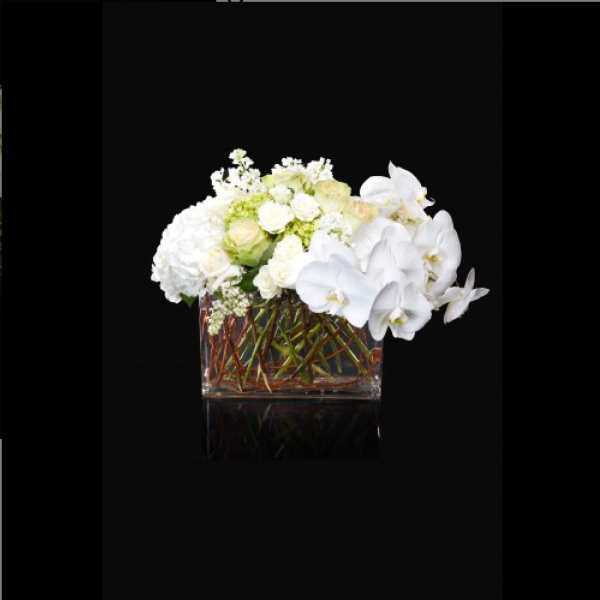 White floral arrangement in a clear rectangular vase