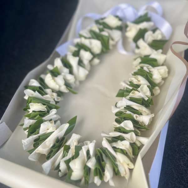 White floral lei in a gift box with a ribbon