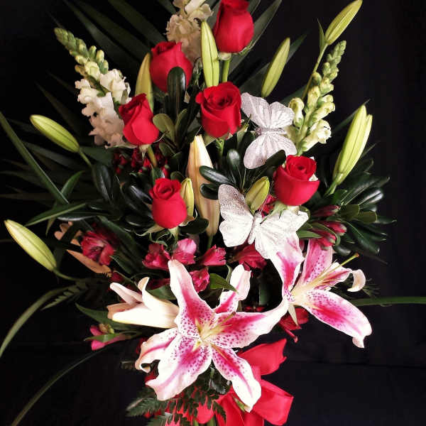 Red roses and Stargazer Lily tall mix