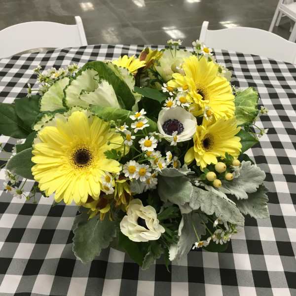 Pastel Gerbera bowl with feverfew