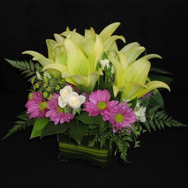 Modern Lily Cube with Spray Roses