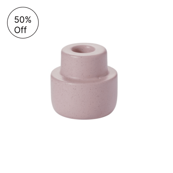 Small speckled pink ceramic bud vase with a rounded tiered shape