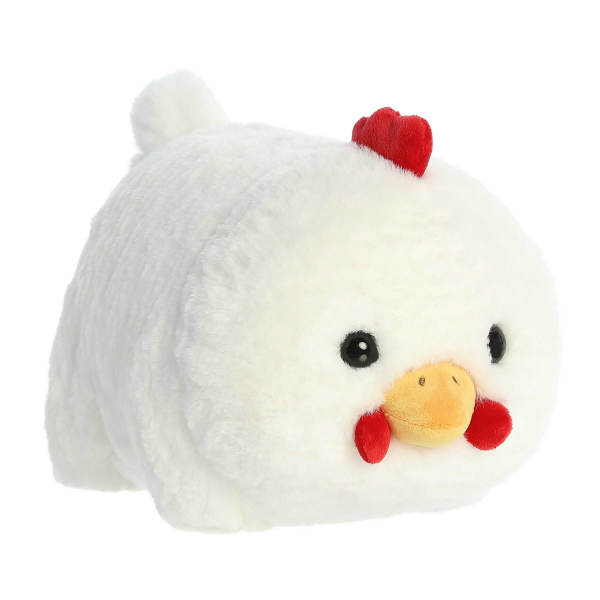 Plush white chicken toy with red comb and yellow beak