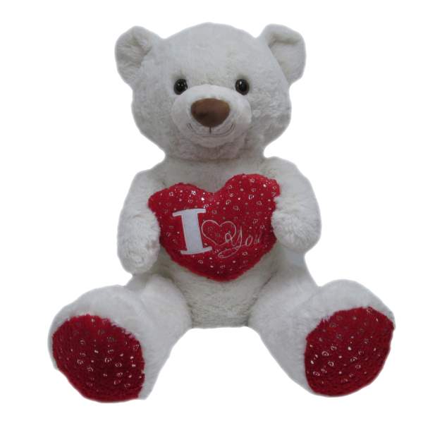 White teddy bear holding a red heart with "I love you" text
