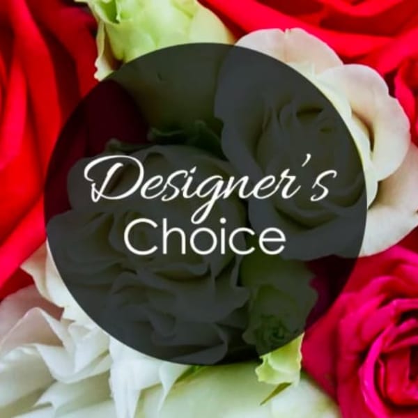 Red and white roses with a "Designer’s Choice" label