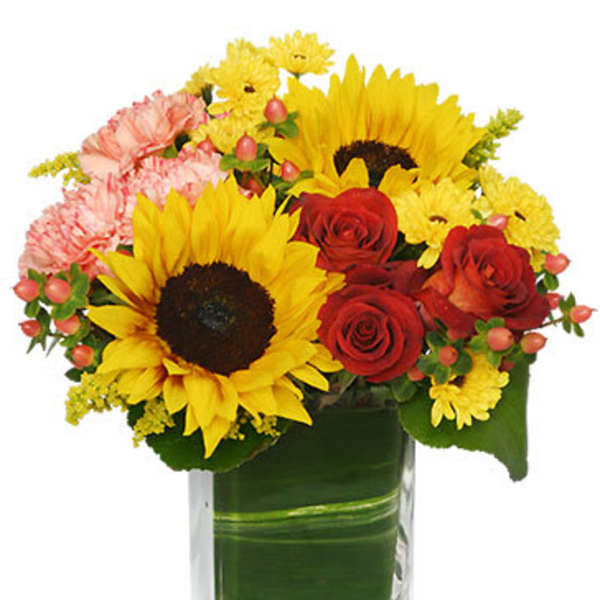 Sunflowers, red roses, and pink carnations in a glass vase