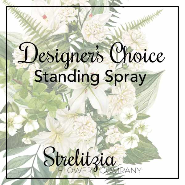 Illustrated white lilies and carnations with lush foliage behind text reading Designer’s Choice Standing Spray.