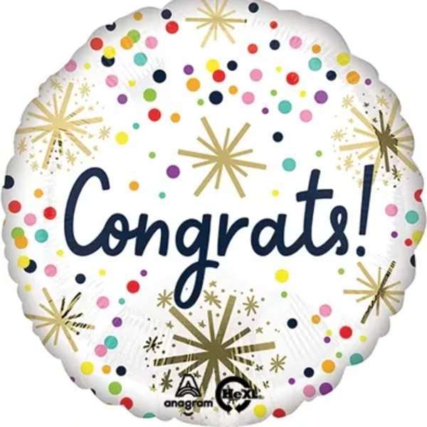 Round white balloon with colorful confetti and "Congrats!" text