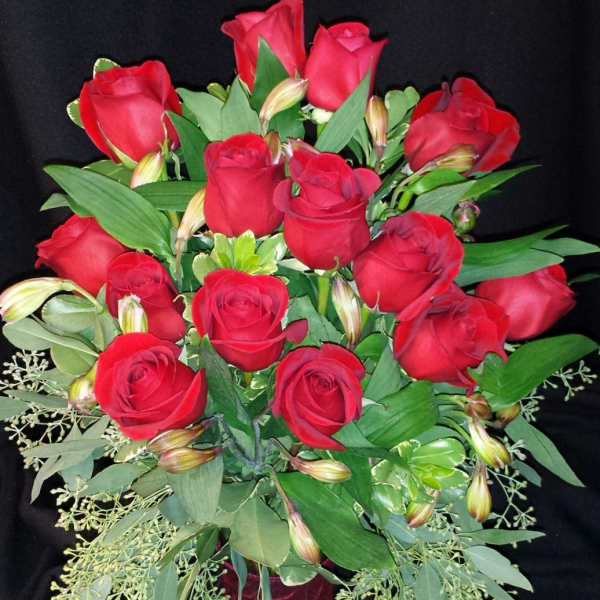 Dozen Medium Roses with Seeded Eucalyptus - Red or Colored