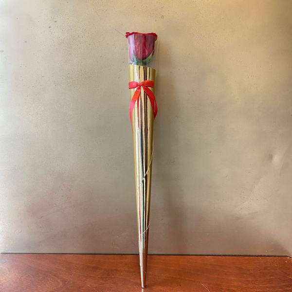 Single red rose in a gold cone wrap with a red ribbon