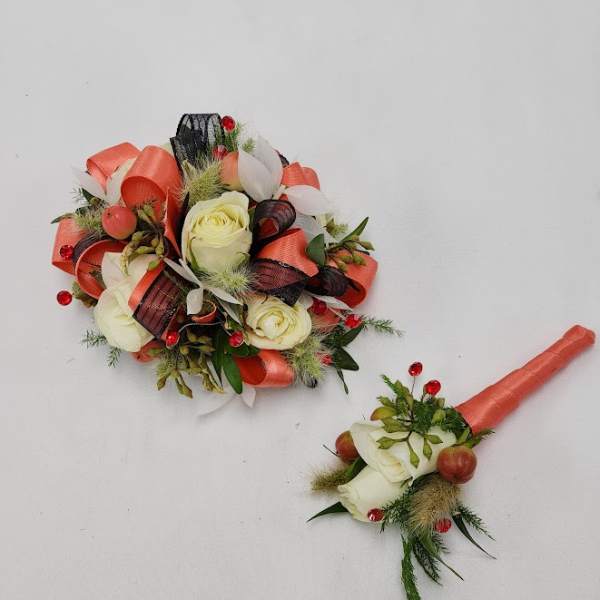 Coral Romance Boutonniere and Wristlet Set