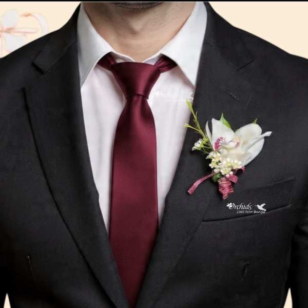 Magnetic Cymbidium Orchid Wax Flower Boutonniere – Burgundy Wedding