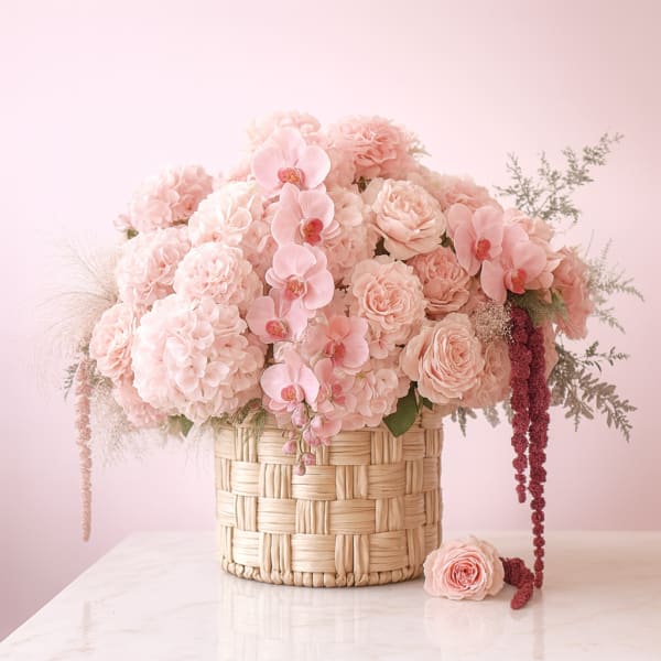 Blush pink floral arrangement in a woven basket with orchids and roses